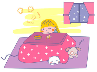 こたつで温まる女の子と動物たち