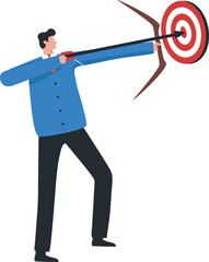 Focusing on the goal. Moving closer and more precisely to the target. Business goals, life, job duties, advertising and career development. Businessman holding a bow aiming at a target at close range.