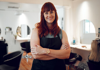 Salon, woman and portrait of happy hairdresser with smile, confidence or pride for work, luxury hair care or spa service. Designer hair stylist, small business owner or hair salon worker in studio