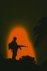 Fototapeta na wymiar War scene. Jungles of south east Asia. Vietnam war era. Original illustration. Soldier silhouette
