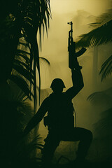 War scene. Jungles of south east Asia. Vietnam war era. Original illustration.  Soldier silhouette