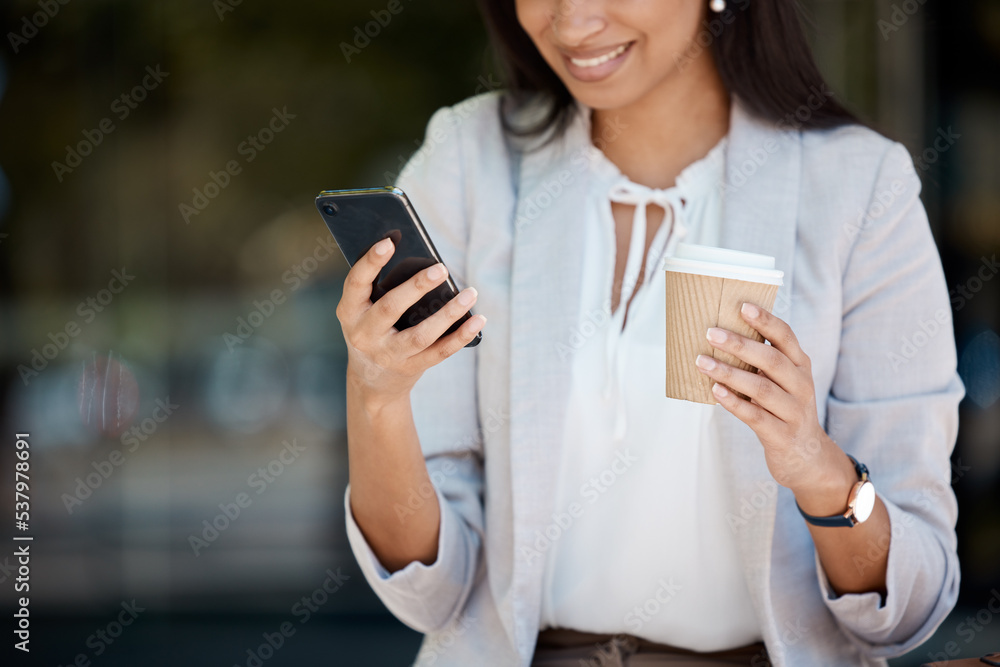 Poster business, phone and happy woman check company work schedule or reading email notification. professio