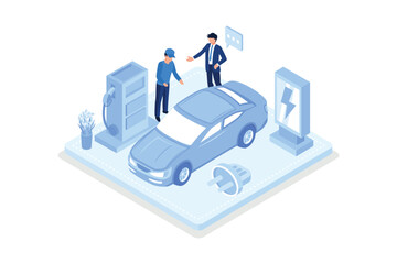Green energy, characters showing electric car, isometric vector modern illustration