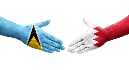 Handshake between Bahrain and Saint Lucia flags painted on hands, isolated transparent image.