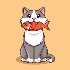 Cute cat biting fish. Cartoon illustration of cute cat stealing fish with innocent face.
