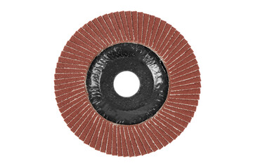 Grinding disc of an angle grinder isolated on a white background. New abrasive grinding wheels. Flap wheel for grinder - obrazy, fototapety, plakaty