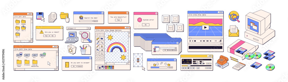 Aufkleber Retro user interface elements in vaporwave aesthetic, 90s, 00s style. Old UI design of dialogue window, system computer message. Colored flat graphic vector illustrations isolated on white background