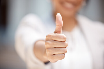 Thumbs up, woman hands and support vote, motivation and trust for thank you, success and winner. Closeup finger feedback, agreement and like emoji of excited goal, praise review and yes happy service