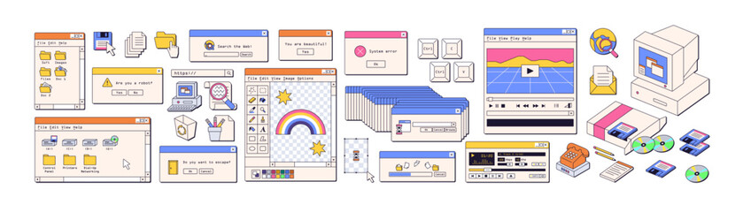 Retro user interface elements in vaporwave aesthetic, 90s, 00s style. Old UI design of dialogue window, system computer message. Colored flat graphic vector illustrations isolated on white background - obrazy, fototapety, plakaty