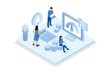 Characters with good credit score receiving loan approval from bank, isometric vector modern illustration