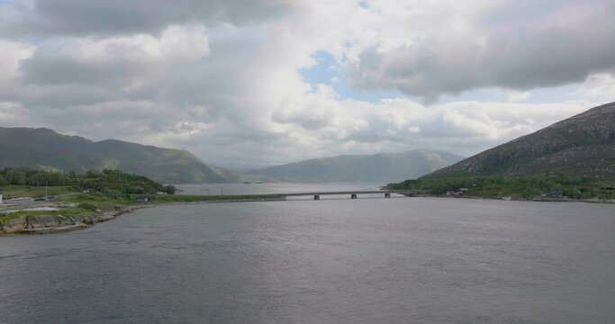 Norwegian Mountains And Fjords With Cloudy Sky In Norway - aerial drone shot