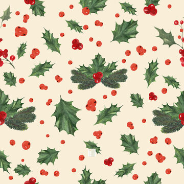 Watercolor floral Christmas seamless pattern with hand drawn watercolor holly branches, leaves and berries illustration. Repeat nature floral background for wrapping, packaging design or print.