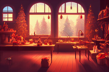 Santa's little workshop, concept art, digital illustration