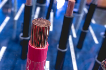 Copper cables of various gauges and thickness on display at a hardware.