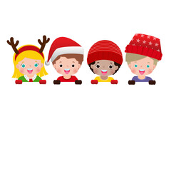 cartoon cute kids boy and girl in winter costume holding sign board Merry christmas and happy new year illustration xmas children character style png 