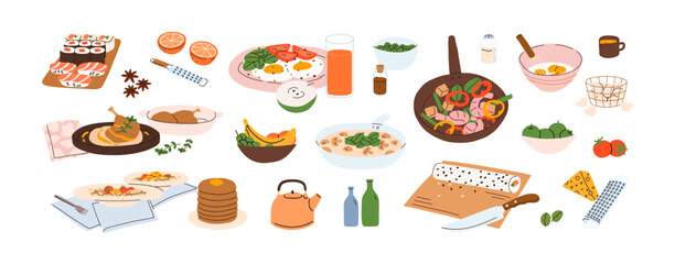 Dishes on plates, bowls set. Dinner and lunch meals with meat, vegetables, mushrooms. Served chicken, sushi, pasta, fried eggs, fruits. Flat graphic vector illustrations isolated on white background