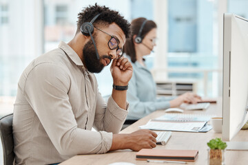 Burnout, stress and call center agent man on computer in telemarketing sale, website support career...