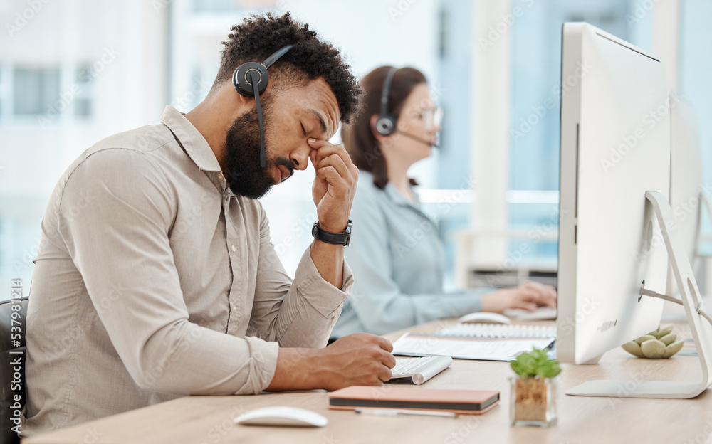 Poster stress, headache and call center businessman on computer for customer service or consulting. support