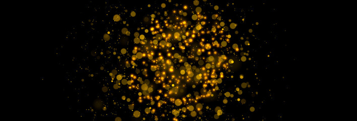 Fototapeta na wymiar Gold glittering stars dust and bokeh background. Abstract christmas glow light texture.