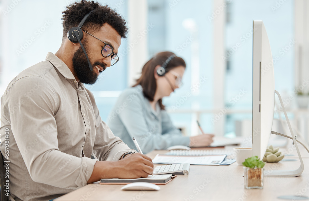 Poster customer support, writing and businessman at computer in call center office for telemarketing, consu
