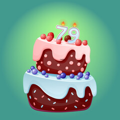 Seventy nine years birthday cake with candles number 79. Cute cartoon festive vector image. Chocolate biscuit with berries, cherries and blueberries. Happy Birthday illustration for parties