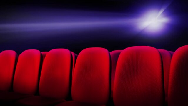 Cinema theater, red, empty seats in front of the projector's light, video loop. A 3D, motion graphics render template, ideal as an actor interview virtual background set, on a green screen