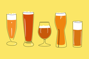 A set of beer glasses of various shapes. Flat vector illustration. colored minimalistic drawing