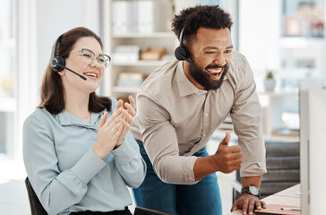 Crm, call center and thumb up with team celebration, wow and smile at work in office learning from...