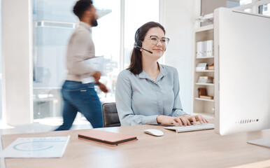 Call center, contact and computer with business woman for customer support, telemarketing and communication. Consulting, sales and internet with employee working in office for help desk, kpi and crm