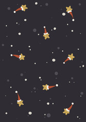Christmas and New Year's Eve background. Flying gold stars in Christmas hats.