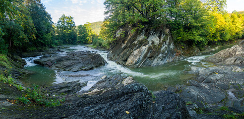Naklejka na ściany i meble Guk Malyi (Little Guk) waterfall on Carpathian river Pistynka, Hutsulshchyna National Park, Ukraine