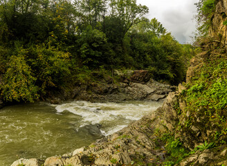 Naklejka na ściany i meble Guk Velykyi (Big Guk) waterfall on Carpathian river Pistynka, Hutsulshchyna National Park, Ukraine