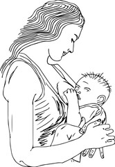 Fototapeta na wymiar woman doing breastfeeding vector illustration,mother sketch drawing with newborn baby, breastfeeding mother clip art, and silhouette
