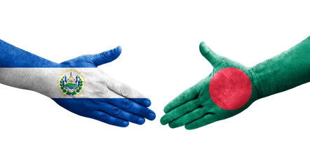 Handshake between Bangladesh and El Salvador flags painted on hands, isolated transparent image.