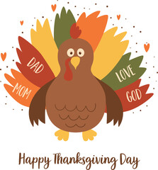 Cartoon Thanksgiving turkey vector illustration. Cute isolated graphic element for Happy Thanksgiving day decor. Hand drawn turkey character. Dad, mom, love god card. Greeting banner. Turkey for kids