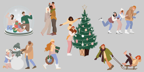 People winter activities set Christmas holiday preparing