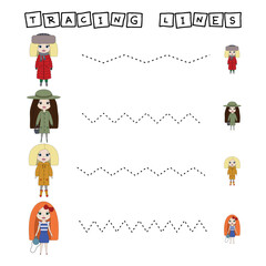 Tracing lines game with beauty dolls. Worksheet for preschool kids, kids activity sheet, printable worksheet