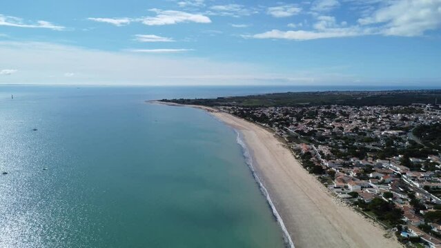 Magnificent white sandy beach at Rivedoux on the island of R&eacute; in France, perfect drone weather
