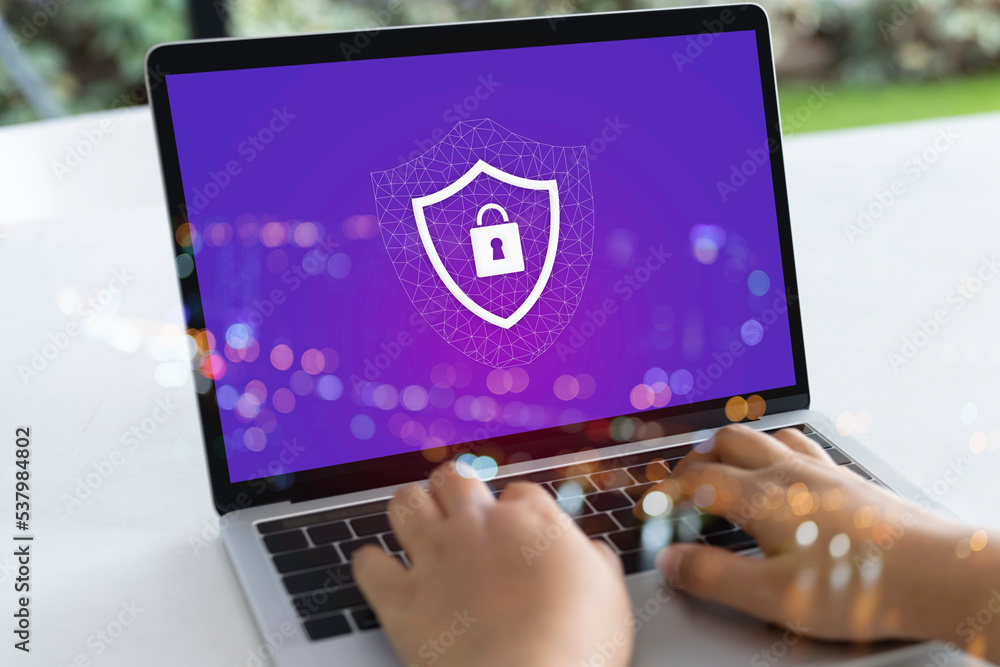 Poster laptop computer with technology cybersecurity and privacy concept. protection and safe data for glob