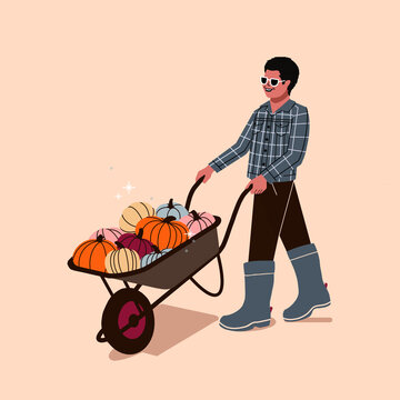 man with pumpkins - young person with pumpkins in wheelbarrow - autumn pumpkin patch - farm fall harvest activity - guy with pumpkin