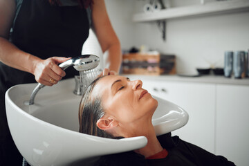 Hair salon, shampoo and customer woman for professional care, hairdresser service in startup shop, Beauty process, water cleaning and client hair care treatment for hairstylist small business career