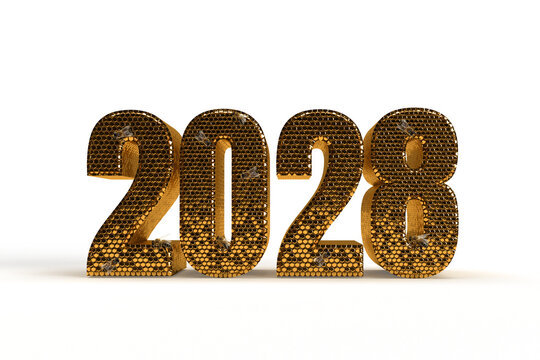 New Year's Eve hive with bee on honey comb  Shiny hexagonal gold number 2028 on a black background with bee. 