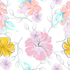 Foto op Plexiglas Pink Flowers Blooming Pattern. Pastel Watercolor. © Сашка Шаргаева