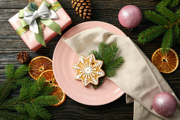 Concept of Happy New Year, Christmas table setting, top view