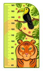 Height meter for kids. Vector illustration with jungle animals. Growth measure for nursery design. Great for girl and boy. Kids height chart with tiger and toucan on it. 