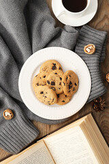 Concept of Hygge, warm and cozy composition, top view