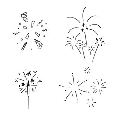 Set of simple doodle confetti, sparkler and fireworks. Collection of hand drawn elements holiday. Vector illustration