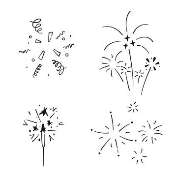 Set Of Simple Doodle Confetti, Sparkler And Fireworks. Collection Of Hand Drawn Elements Holiday. Vector Illustration