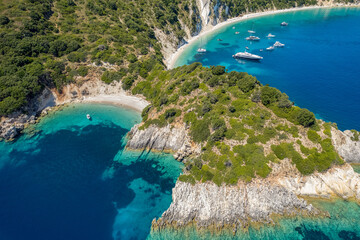 Aerial photo of the paradise beach of Gidaki in Ithaca, the beautiful  Ionian island of Greece.