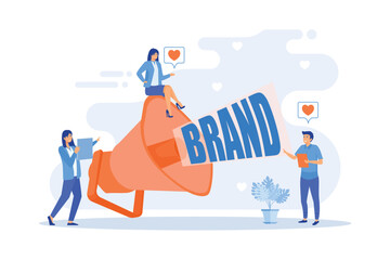 Marketers with megaphone conducting brand awareness campaign. Brand awareness, product research result, marketing survey metrics concept, flat vector modern illustration